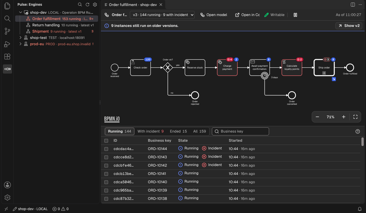 Pulse in VS Code: the Engines view and the deployed order process with incident badges on Charge payment and its instances
